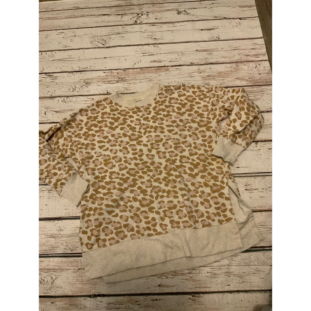 Aerie Leopard Print Oversized Sweatshirt Cream Tan Side Slit Pullover Size Small